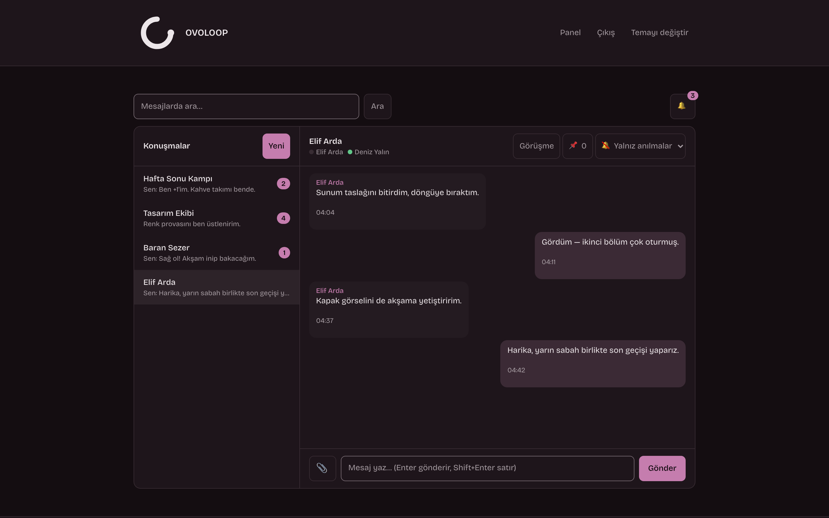 OVOLOOP paneli: solda konuşma listesi, sağda bir yazışma açık
