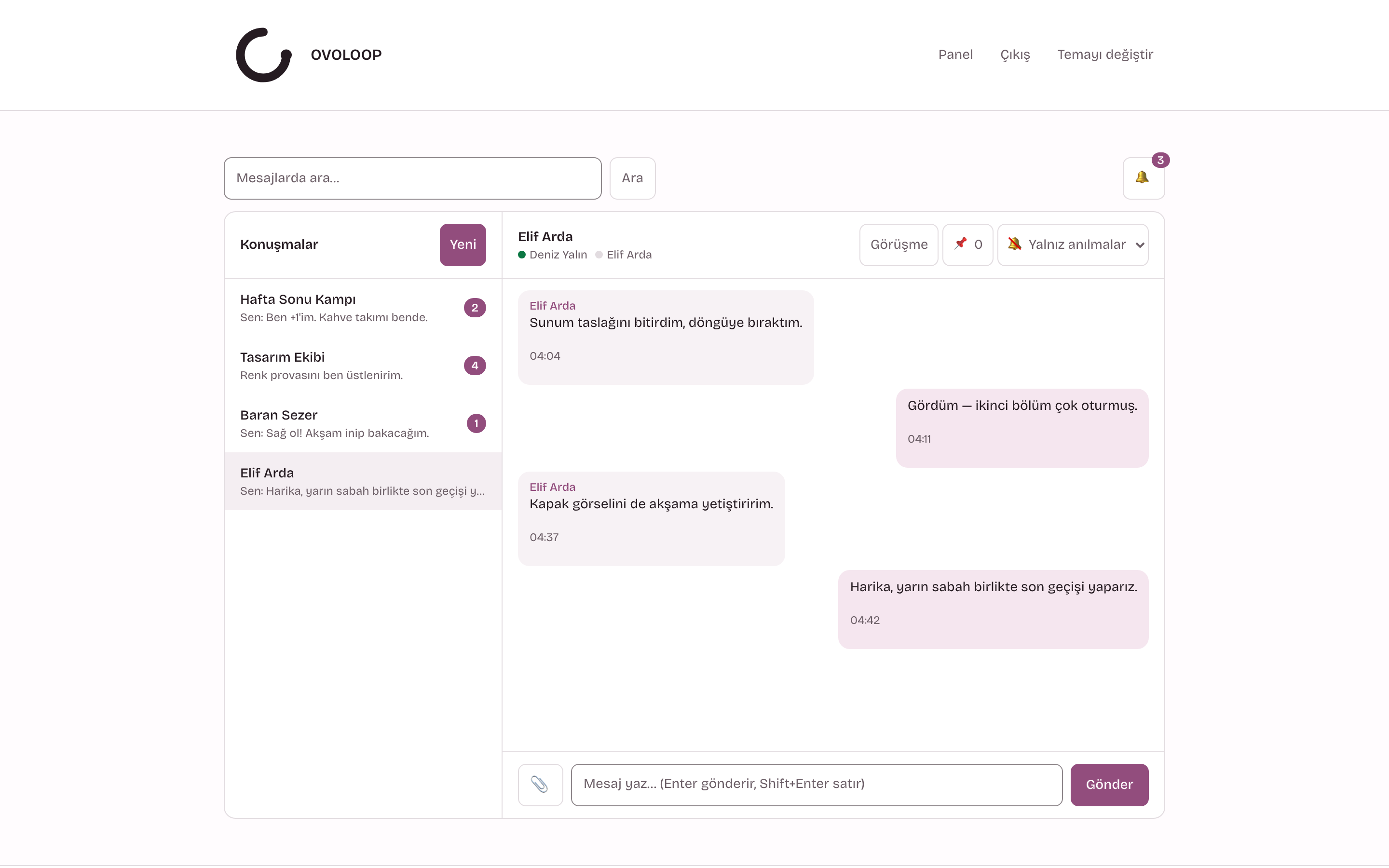OVOLOOP paneli: solda konuşma listesi, sağda bir yazışma açık